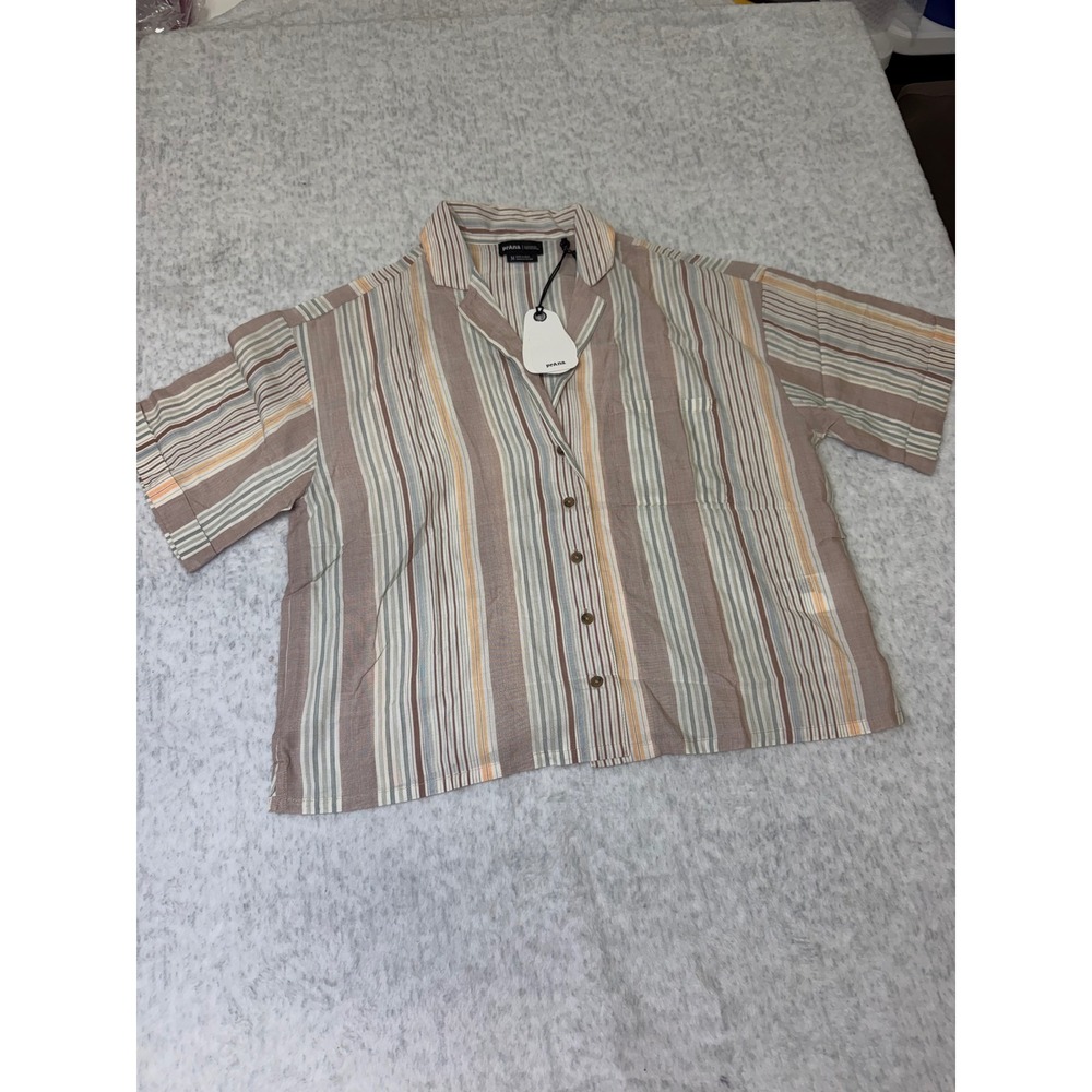 Prana Iguala Top Clay Stripe Tencel Modal Button Down Shirt Womens Medium NEW
